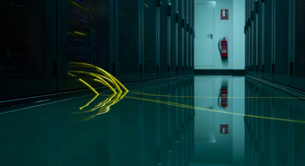 Obraz premium Severe Water Damage: Network Cables Submerged on Reflective Floor in a Data Center Server Room