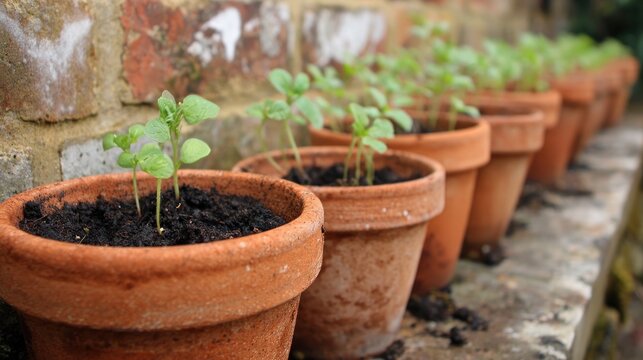 Young plants in terracotta pots