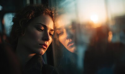 Young European woman leaning her forehead on the window of a train, blurring cityscape at sunset.