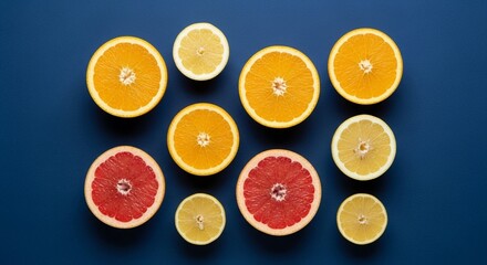Modern flat lay of assorted citrus fruits (oranges, lemons, grapefruits) cut open on a solid color background