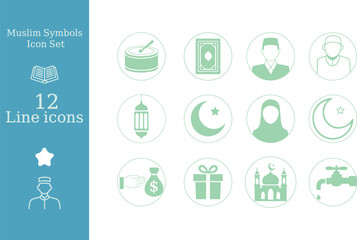 Fototapeta premium Green Islamic Icon Set with Crescent Moon Mosque Gift Money Bag and Other Muslim Symbols