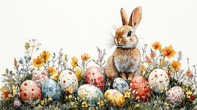 Watercolor illustration of a festive Easter parade float adorned with eggs, bunnies, and spring flowers