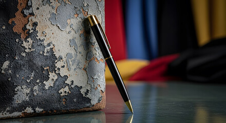 Elegant Black Pen Leaning Against a Weathered Surface