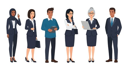 Obraz premium Flat cartoon illustration of diverse businesspeople in formal attire, isolated on white background.