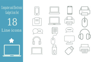 Gray Line Icons of Computer Gadgets Including Phones Laptops Printers Headphones and U S B Drives