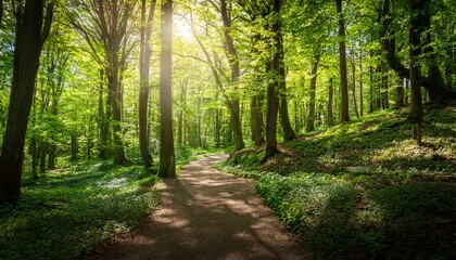 Fototapeta premium a peaceful pathway winds through a vibrant forest filled with fresh green leaves sunlight filters through the trees creating a serene atmosphere for a relaxing stroll in spring