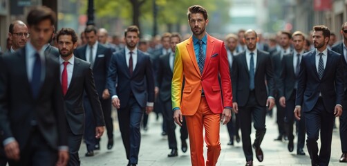 Man in colorful rainbow suit stands out amongst men in black business suits. Walks with confidence, exuding individuality, courage. Image conveys themes of diversity, pride, breaking conformity in