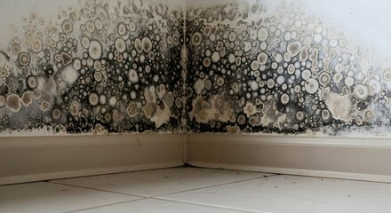 Severe Water Damage Leading to Widespread Black Mold Growth on an Indoor Wall Corner