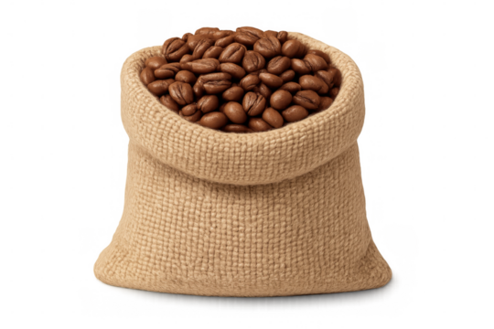 Coffee beans spilling from overloaded burlap sack, scattered across transparent surface