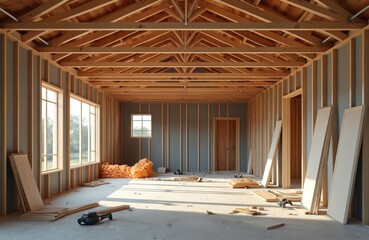 Fototapeta premium Construction of modern house interior showing unfinished second floor framing. Wood beams, studs, windows, doors define space. Building materials scattered on concrete floor suggest active renovation