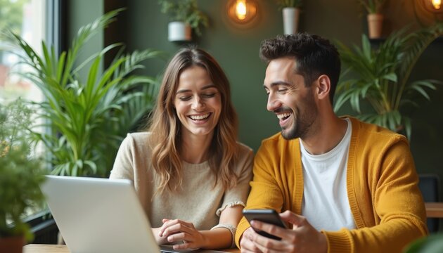 Two joyful colleagues happily use laptop and smartphone in green cafe. They share a light-hearted moment amidst plants, discussing work and ideas in a modern startup environment.
