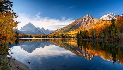 Obraz premium nature s tranquility autumn reflections on a serene lake mountain landscape peaceful environment captured in stillness