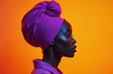 Modern portrait features stylish woman wearing neon purple head wrap. Vibrant neon orange background with crisp, polished look. Elegant, chic design showcases unique fashion statement, refined beauty.
