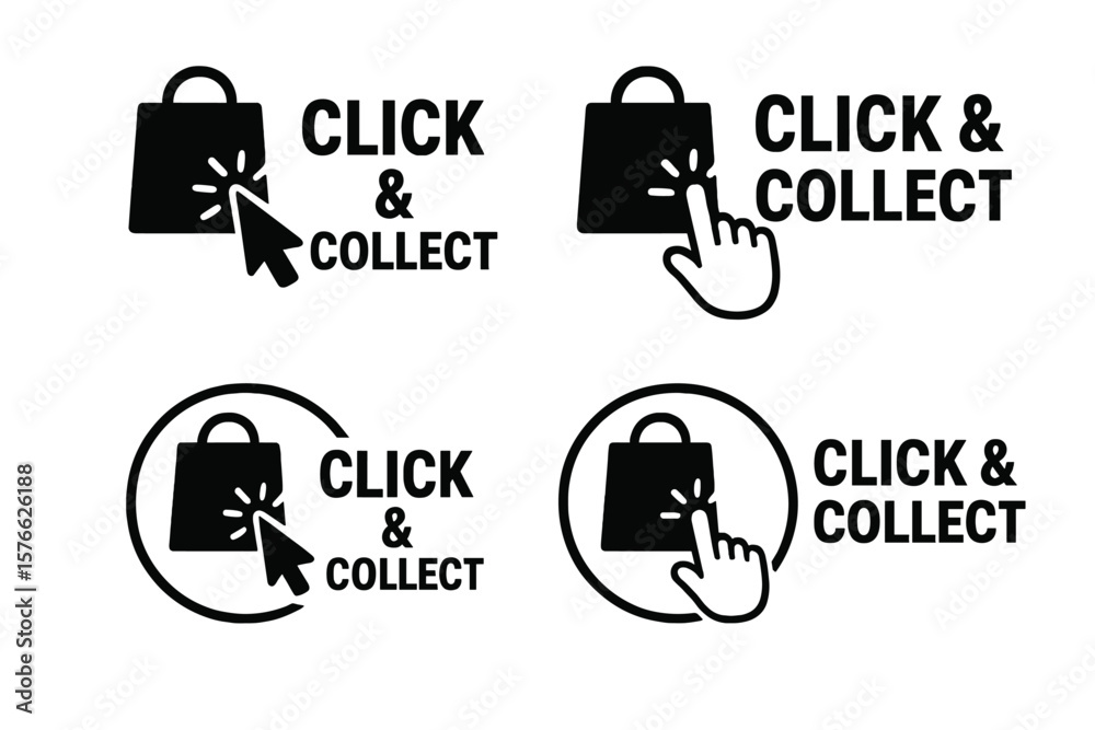 Poster click and collect service icon set. features mouse cursor and hand pointer symbols for online orderi