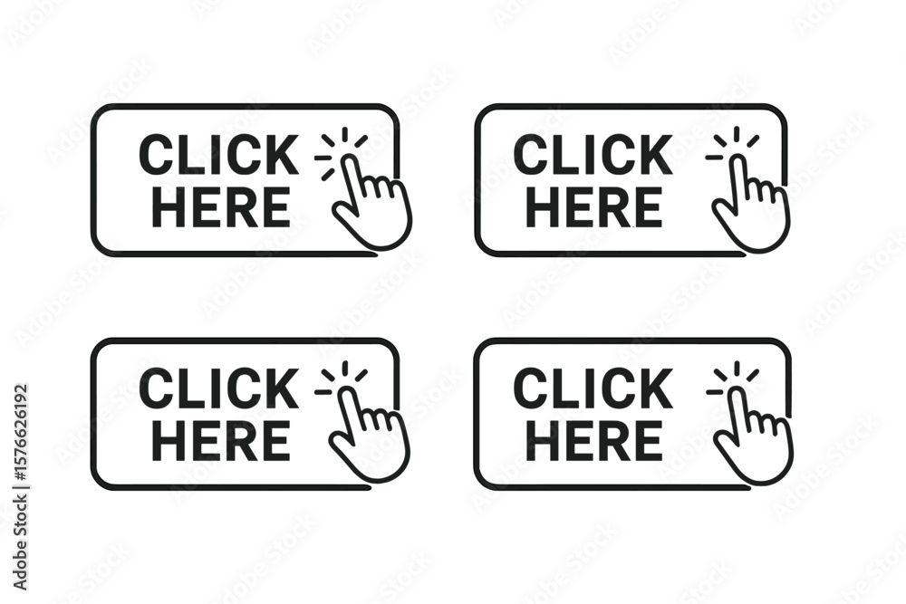 Poster click here button vector set with hand pointer cursor. modern action button for website design. web 