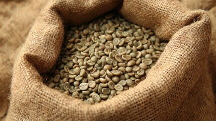 Fototapeta premium Unroasted coffee beans in burlap sack