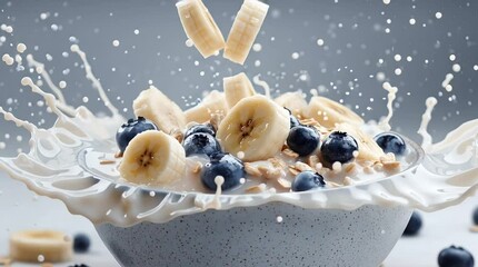 A bowl of oatmeal with banana slices and blueberries. Milk splashes around the bowl, creating a dynamic scene. Healthy breakfast concept. - Powered by Adobe