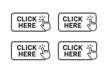Click here button vector set with hand pointer cursor. Modern action button for website design. Web element icon collection for user interface, click-through, call to action.