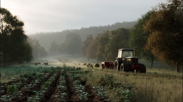 Tranquil farming simulation with tractor in countryside