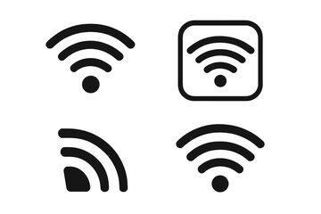 Set of 4 black wifi icons. Wireless internet signal strength symbol collection. Wi-fi connection zone pictogram for ui ux web design. Vector hotspot network signs isolated.
