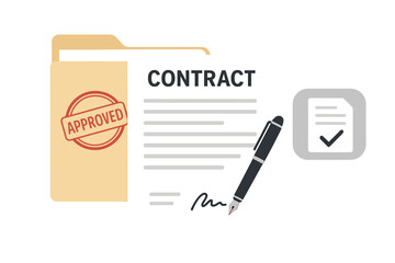 Business contract agreement signing. Approved document with signature and stamp. Legal deal partnership. Paperwork in folder. Confirmation icon. Flat vector illustration.