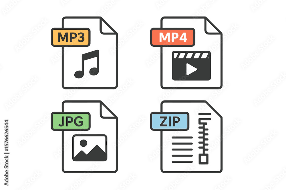 Poster file type icon set vector. document format and extension labels. mp3 audio, mp4 video, jpg image and