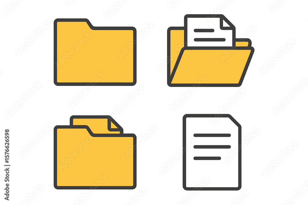 Poster folder icon collection. open close folders with document. file directory sign. data storage, informa