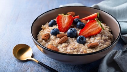 a bowl of oatmeal with blueberries strawberries and almonds