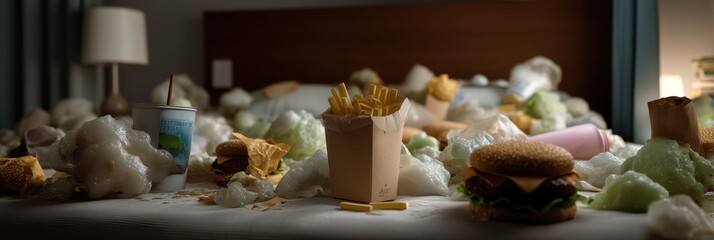 Fast food addiction nightmare in a bedroom setting