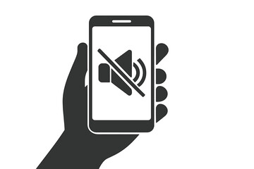 Hand holding smartphone with sound off icon on screen. Please silence your mobile phone. No sound, volume off or mute mode sign. Quiet zone, no talking concept vector.