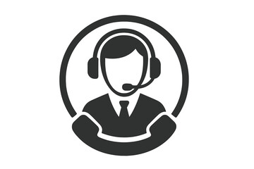 Call center icon with agent wearing a headset. Customer support service concept. Hotline operator for help, consultation, and assistance. Online telemarketing vector logo.