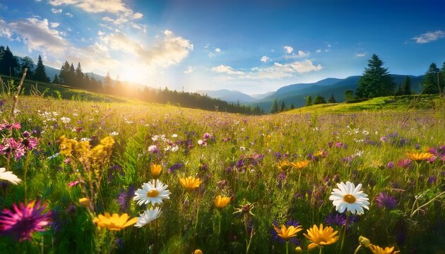 a vibrant meadow under a bright sky an array of wildflowers basking in the sunlight with lush greenery