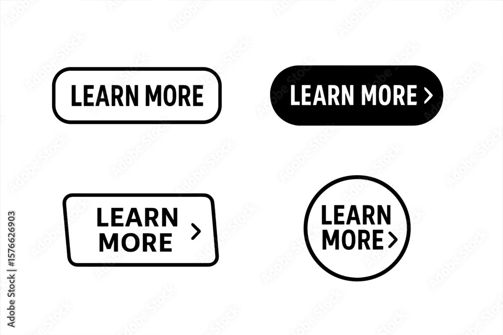 Poster learn more web button set. read more icon collection. call to action cta graphic element for website