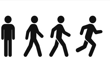 Man stands, walks and runs icon set. Vector illustration of a stick figure person in motion. Human silhouette pictogram collection. Body movement, action poses, animation sequence.