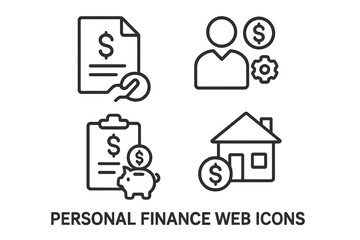 Personal finance icons. Thin line vector symbols for budget planning, savings, mortgage loan, and wealth management. Financial analysis, real estate investment, and money concepts.