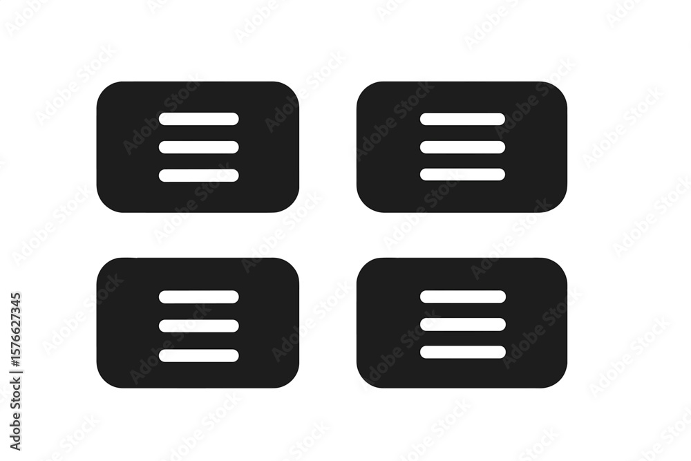 Poster Set of 4 Black Hamburger Menu Icons for Website and Mobile App UI Navigation. Modern Burger Menu Buttons. Minimalist Web Interface Elements. Flat Vector Design