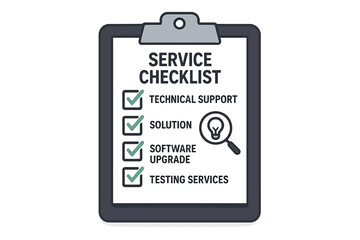 Service Checklist Clipboard Vector. Technical Support, Solution, Software Upgrade, Testing Services. Magnifying Glass Icon, Check Mark Boxes, IT Maintenance, Quality Assurance