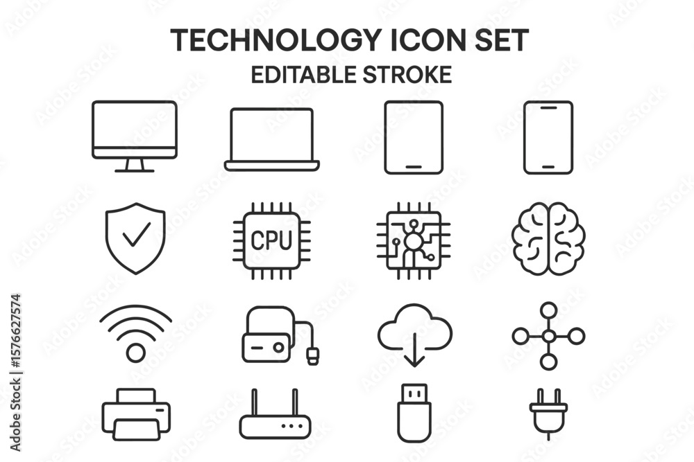 Poster technology icon set editable stroke thin line it icons collection digital devices cpu cloud ai netwo