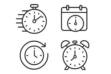 Minimalist Time and Clock Icon Set &ndash; Stopwatch, Calendar, Countdown, Alarm, Timer, Speed, Recovery, Line Style Web Symbols for Time Management and Scheduling Concepts