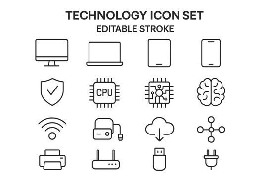 Technology icon set editable stroke thin line IT icons collection digital devices CPU cloud AI network connectivity symbols vector illustration transparent background