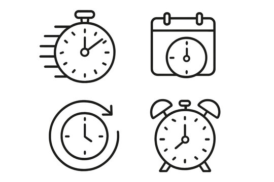 Minimalist Time and Clock Icon Set – Stopwatch, Calendar, Countdown, Alarm, Timer, Speed, Recovery, Line Style Web Symbols for Time Management and Scheduling Concepts