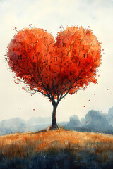 Watercolor of a heart-shaped tree carved with initials, standing alone in a field