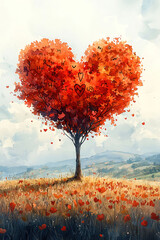 Watercolor of a heart-shaped tree carved with initials, standing alone in a field