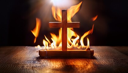 soft glowing flames surrounding a simple wooden cross on rustic altar symbolizing the presence of the holy spirit on pentecost