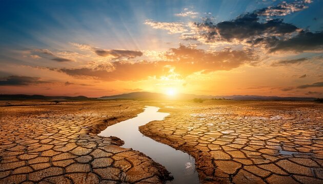 sunset reflection over cracked earth with river of light - Powered by Adobe