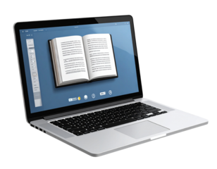 Open laptop with online learning screen, isolated on a transparent background