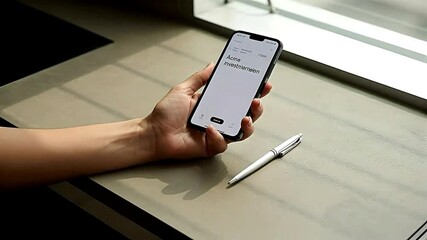 Close-up shot of a hand holding a phone with a pen beside it.