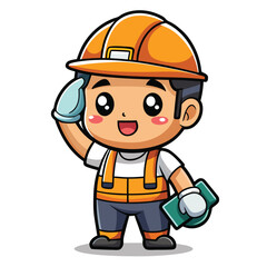 Obraz premium Cartoon worker in orange uniform and hard hat