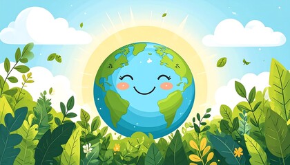 Cartoon Earth surrounded by foliage
