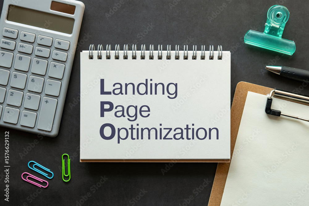 Poster there is notebook with the word landing page optimization. it is as an eye-catching image.